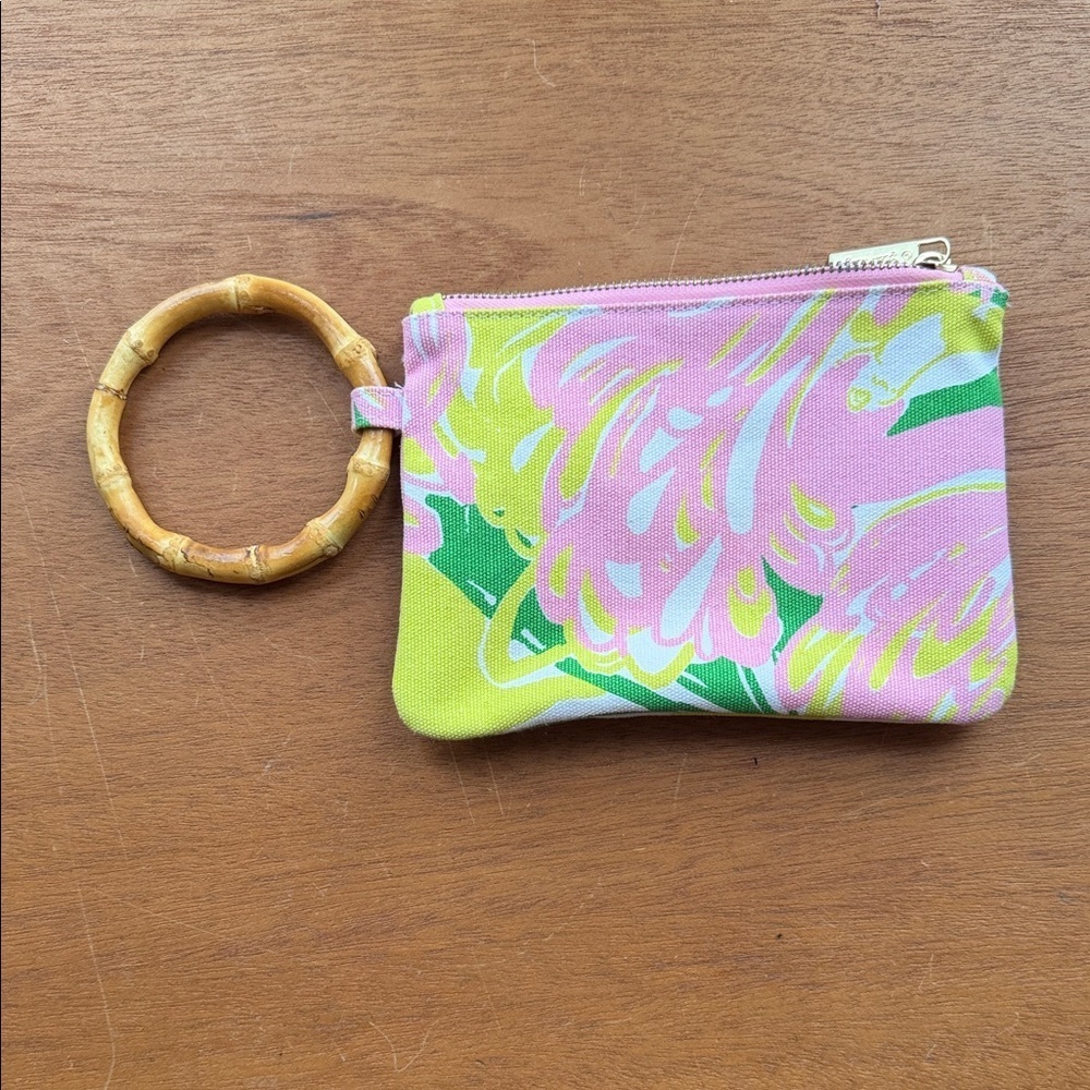 Lilly Pulitzer for Target Floral Pink and Green Pouch with Bamboo Handle